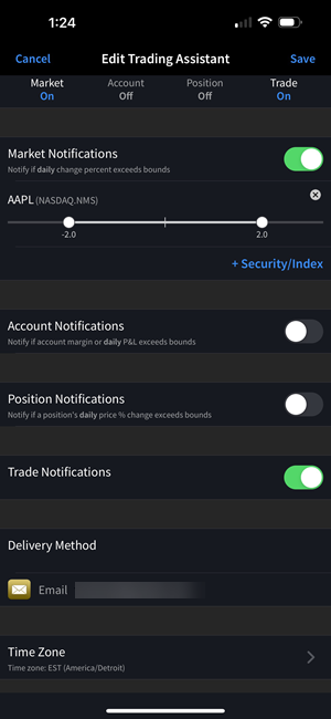 The trading assistant settings on the iPhone. 